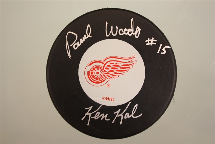 Paul Woods & Ken Kal Autographed Red Wings Puck