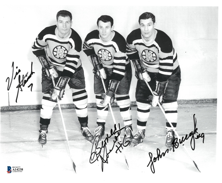 John Bucyk, Vic Stasiuk and Bronco Horvath Autographed 8.5x11 Photo