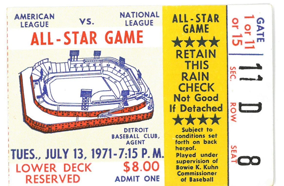 1971 MLB All Star Game Ticket from Tiger Stadium