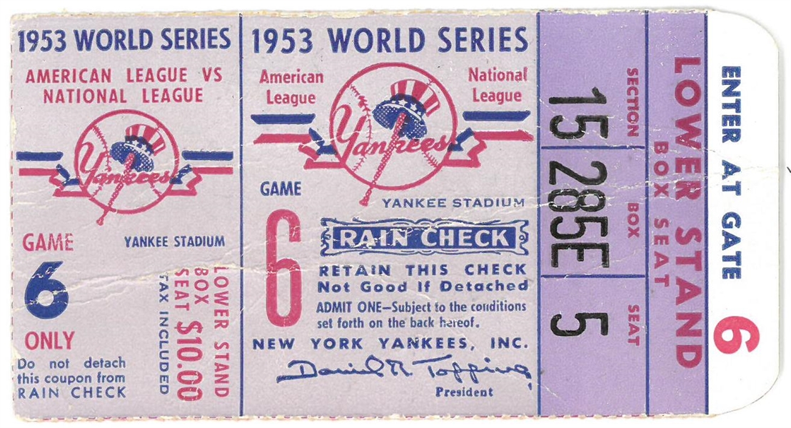 1953 World Series Game 6 Ticket at Yankee Stadium