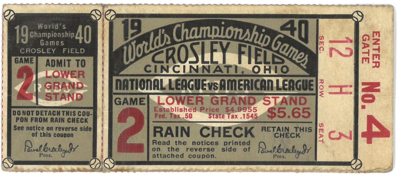 1940 World Series Game 2 Ticket - Reds vs Tigers