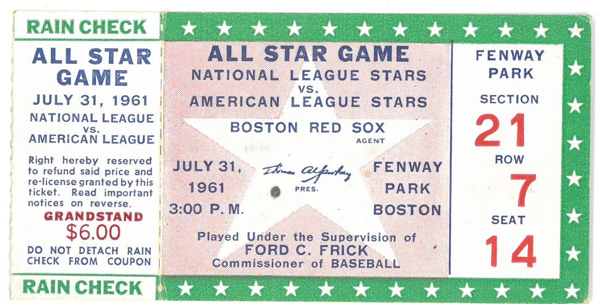 1961 MLB All Star Game Ticket at Fenway Park