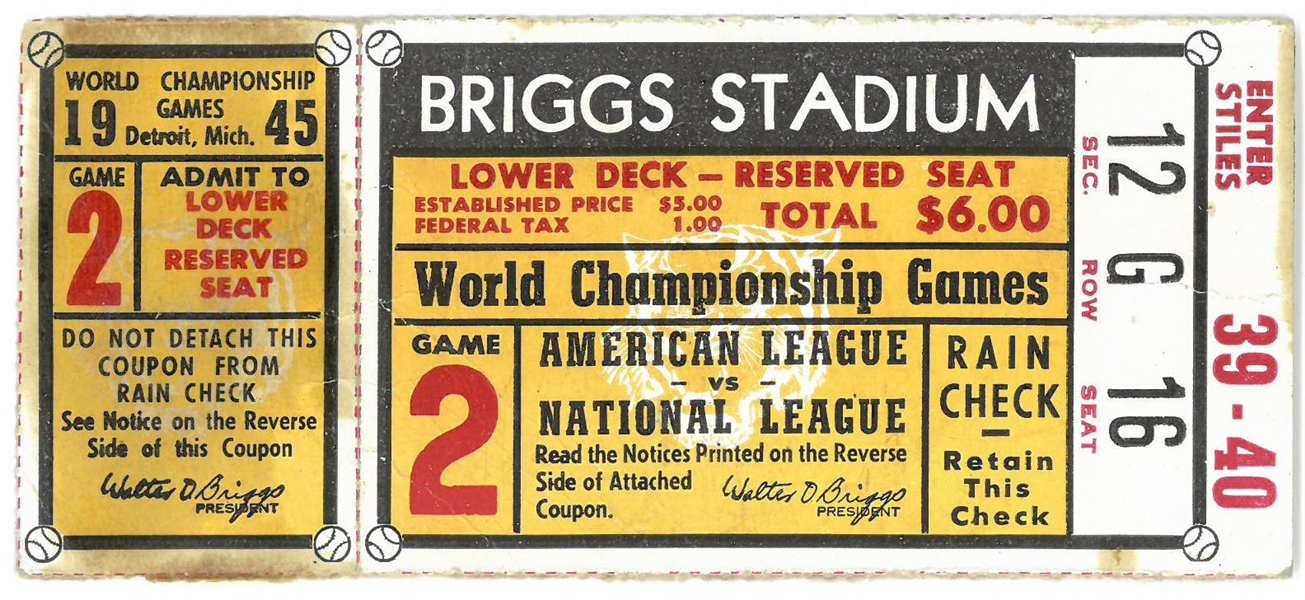 1945 World Series Game 2 Ticket - Tigers vs Cubs
