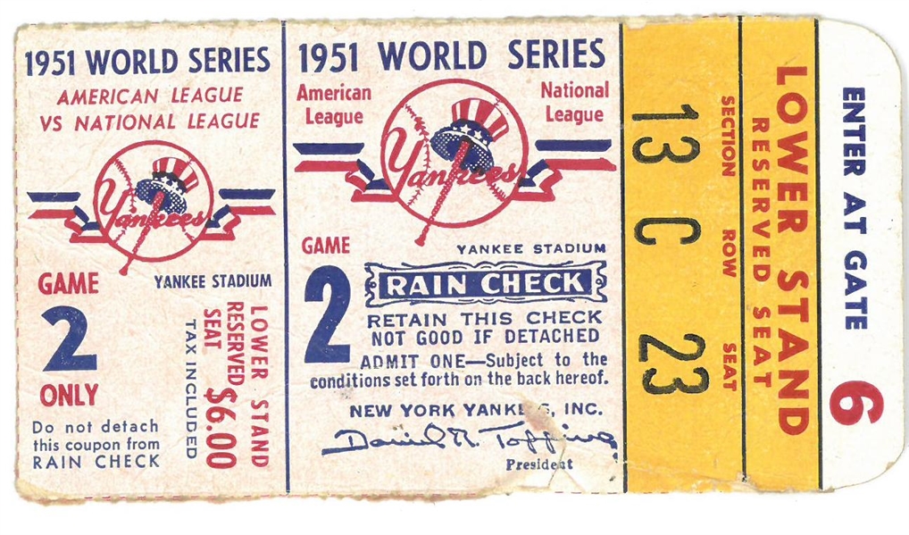 1951 World Series Game 2 Ticket - DiMaggios Last, Mantle/Mays 1st WS