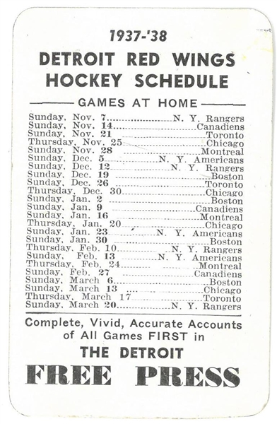 1937/38 Red Wings Pocket Schedule