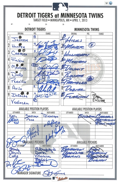 2013 Tigers Opening Day Line Up Card Signed by 16