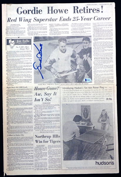 Gordie Howe Autographed 1971 Retirement Newspaper