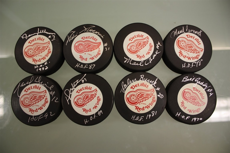 Red Wings Hall of Famers Autographed Puck Lot