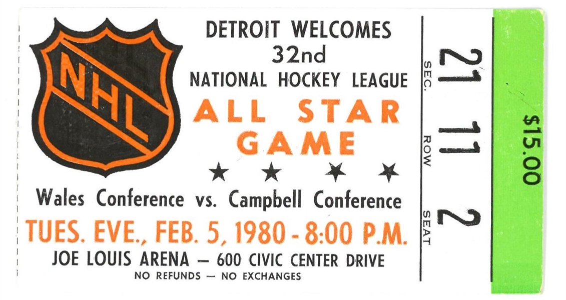 1980 NHL All Star Game Ticket - Howes Last Gretzkys 1st