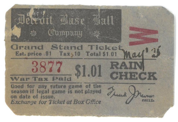 May 1925 Detroit Tigers Ticket