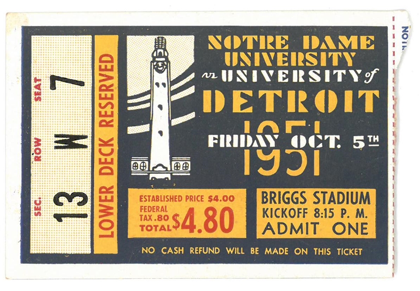 Notre Dame vs U of Detroit 1951 Football Ticket