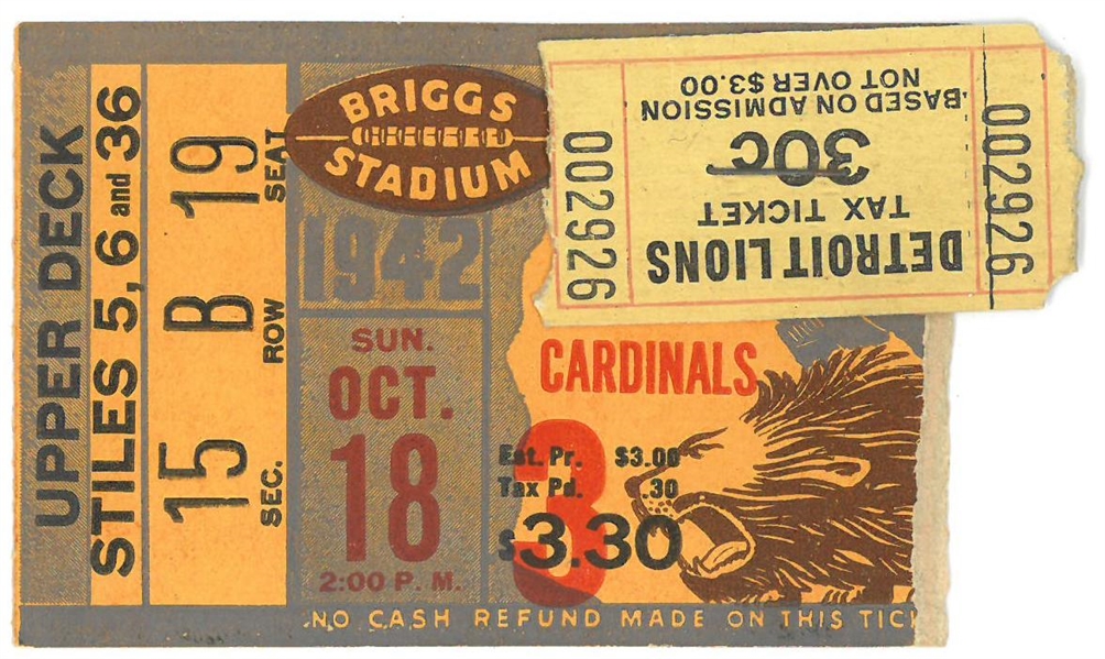 Detroit Lions vs Chicago Cardinals 1942 Ticket