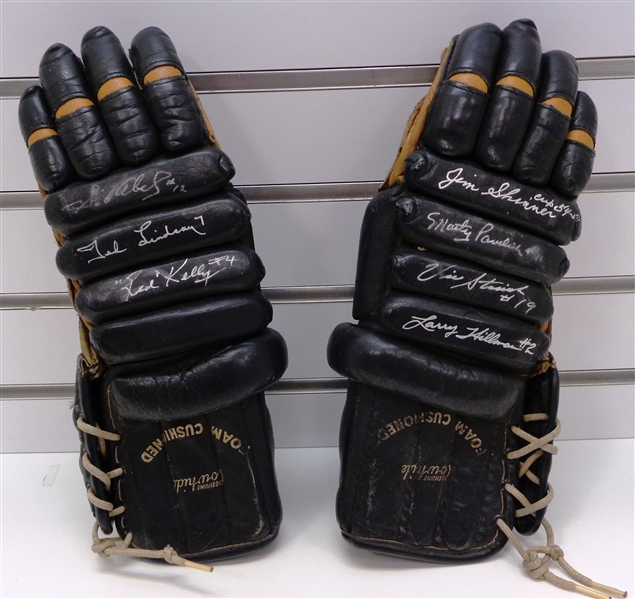 Vintage Hockey Gloves Signed by 7 1950s Wings