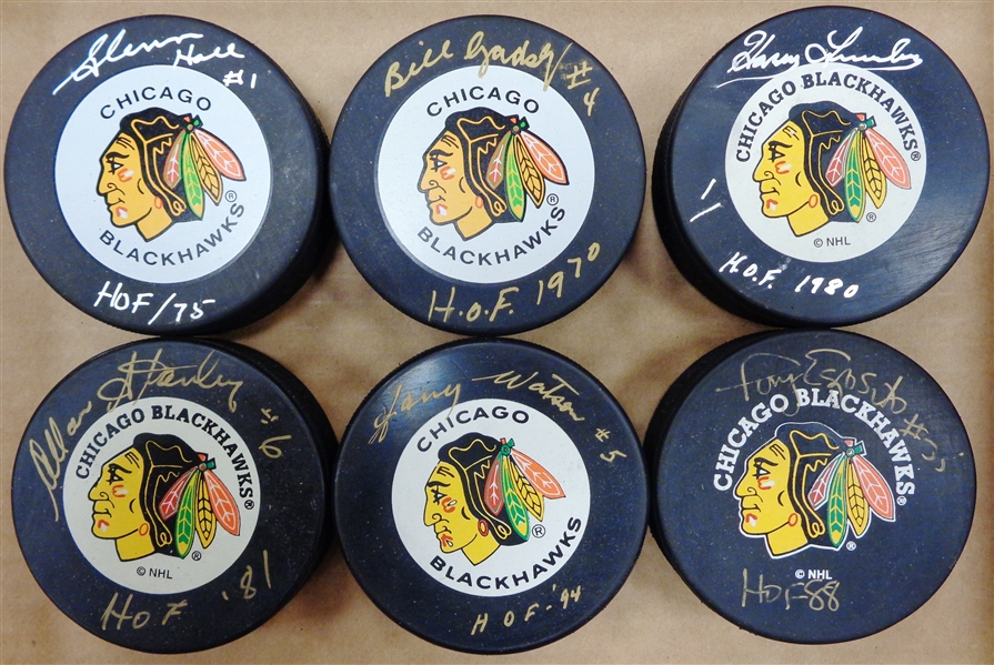 Black Hawks Autographed Hall of Famers Puck Lot of 6