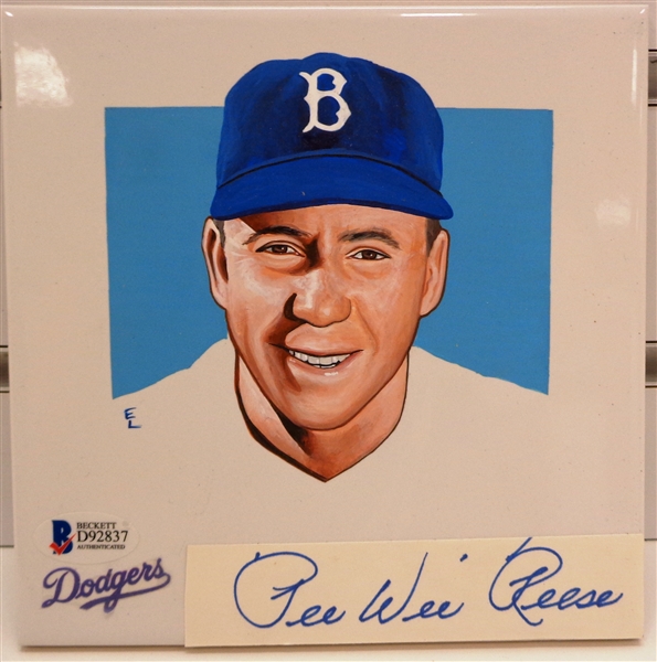 Pee Wee Reese Autographed 5" Hand Painted Tile