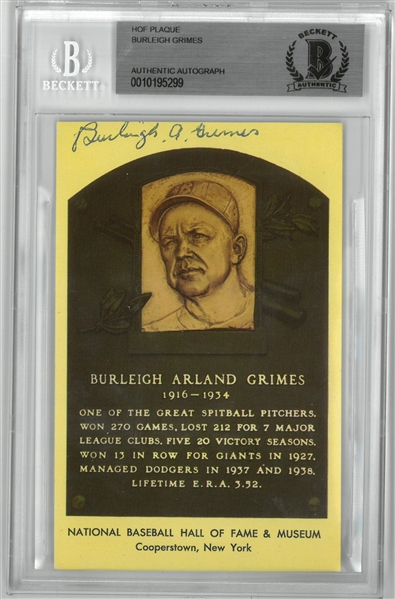 Burleigh Grimes Autographed Hall of Fame Plaque Postcard
