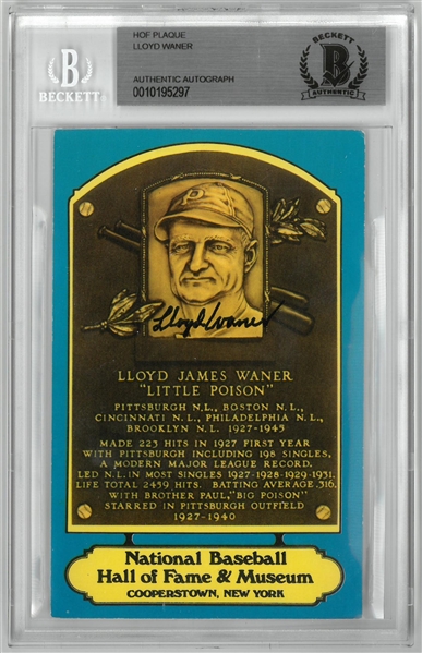 Lloyd Waner Autographed Blue Hall of Fame Plaque Postcard