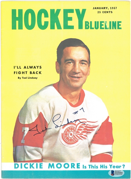 Ted Lindsay Autographed 1957 Hockey Blueline Magazine