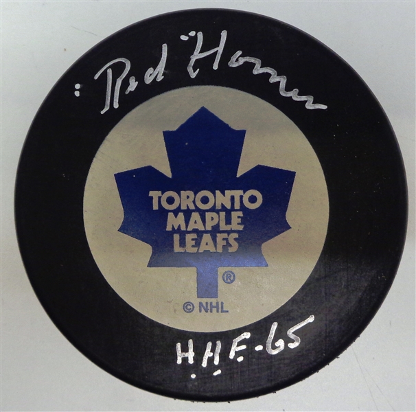 Red Horner Autographed Maple Leafs Puck