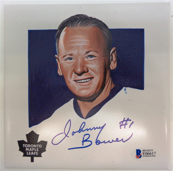 Johnny Bower Autographed Hand Painted 5" Tile