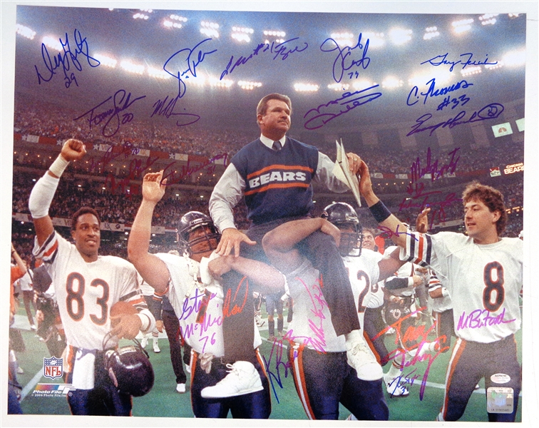 1985 Chicago Bears Team Signed Super Bowl XX Ditka Carried Off Field 16x20 Photo (22 Sigs)