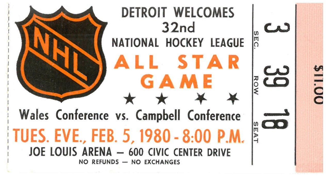 1980 NHL All Star Game Ticket - Joe Louis in Detroit