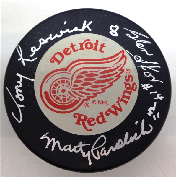 Leswick/Skov/Pavelich Autographed Red Wings Puck