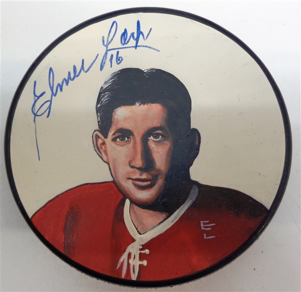 Elmer Lach Autographed Hand Painted Puck