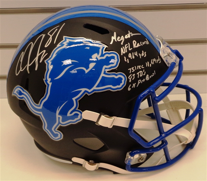 Calvin Johnson Autographed Matte Black Lions Helmet with 6 Inscriptions