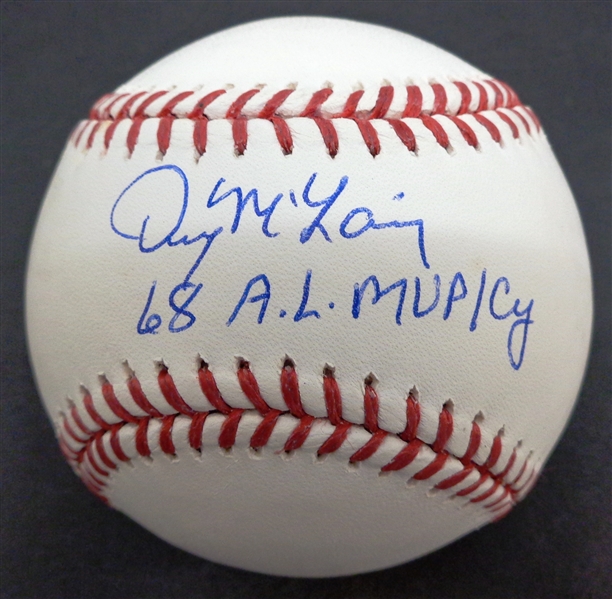Denny McLain Autographed Baseball w/ 68 AL MVP/CY
