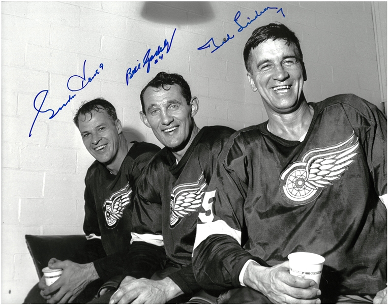 Gordie Howe, Bill Gadsby & Ted Lindsay 11x14 Autographed