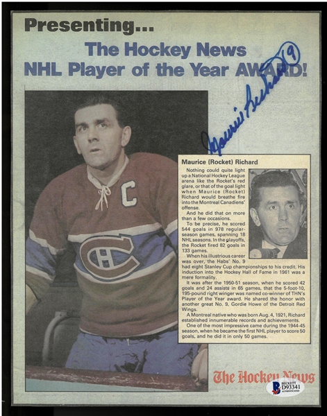 Maurice Richard Autographed 8x10 Newspaper Article