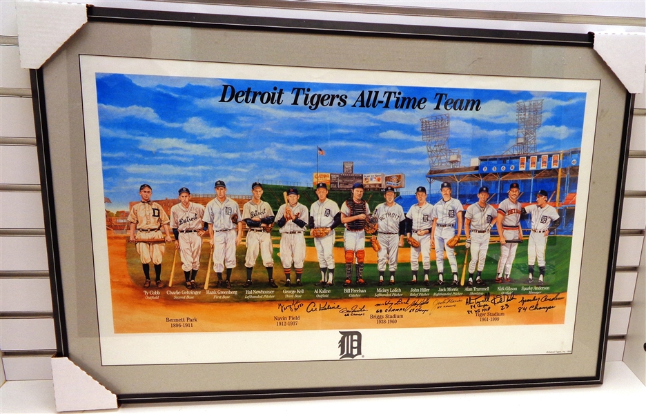 Detroit Tigers All Time Team Autographed Framed Poster Inscribed PICK UP ONLY