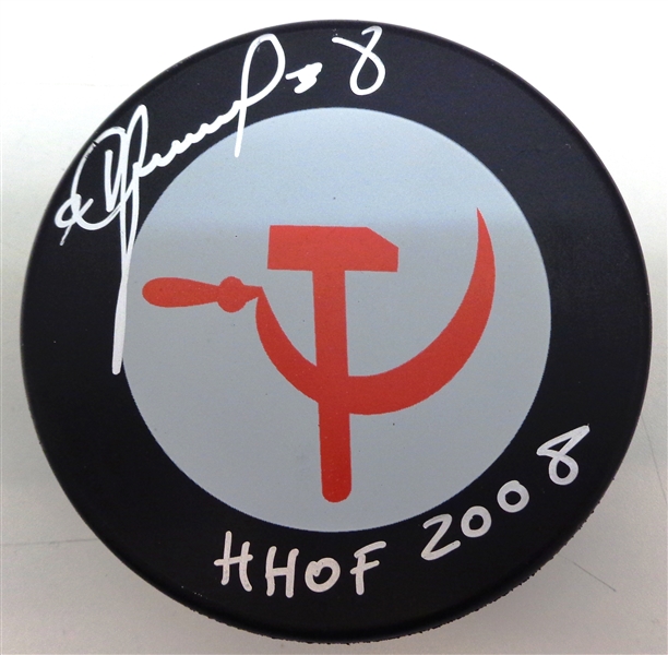 Igor Larionov Autographed Russia Puck w/ HHOF 2008