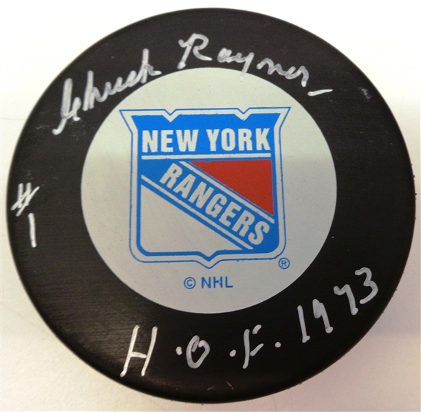 Chuck Rayner Autographed New York Rangers Puck w/ HOF 1973