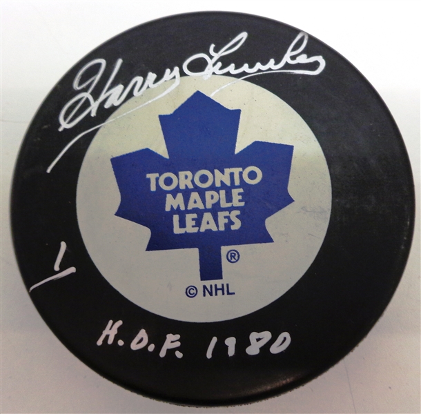 Harry Lumley Autographed Maple Leafs Puck w/ HOF