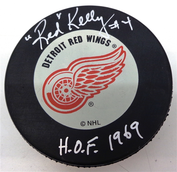 Red Kelly Autographed Red Wings Puck w/ HOF