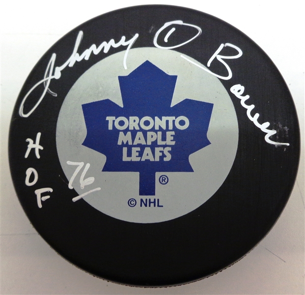 Johnny Bower Autographed Maple Leafs Puck w/ HOF