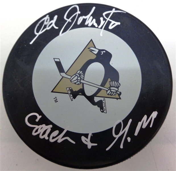 Ed Johnston Autographed Penguins Puck w/ Coach & GM
