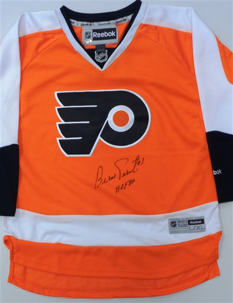 Bernie Parent Signed Philadelphia Flyers Reebok Orange Youth Replica Hockey Jersey w/HOF 84