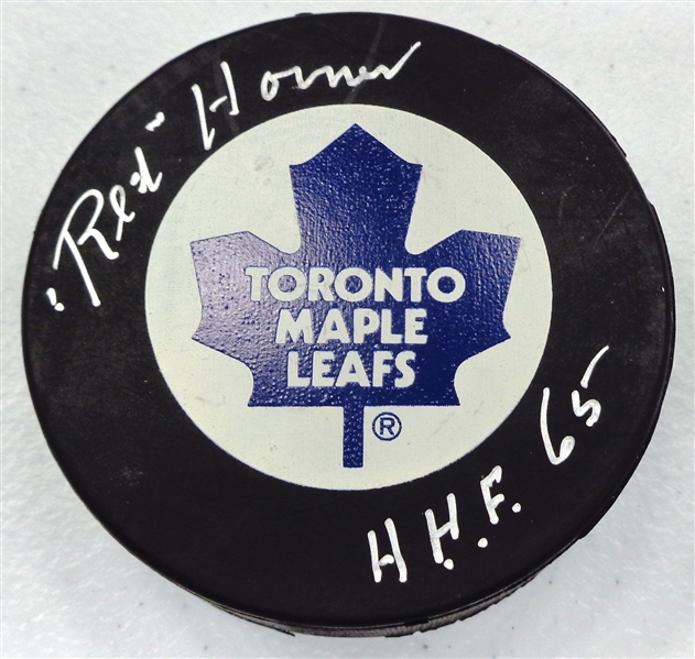 Red Horner Autographed Maple Leafs Puck w/ HHF