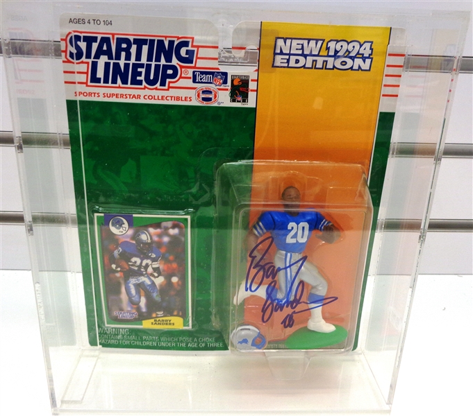 Barry Sanders Autographed Starting Lineup with Case