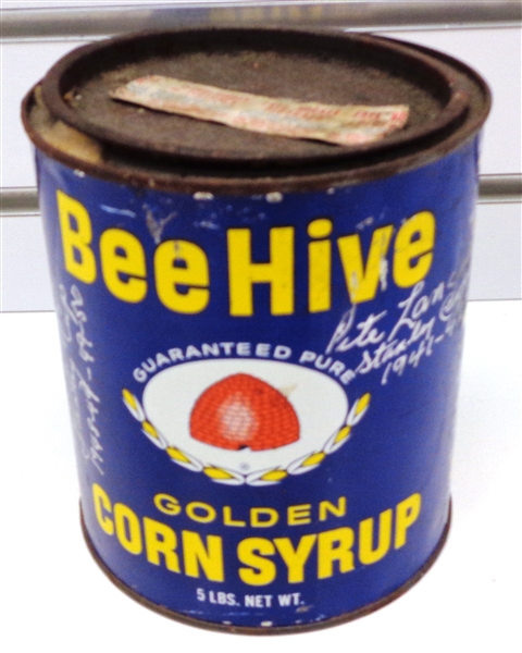 Original Beehive Syrup Can Signed by Langelle and Juzda