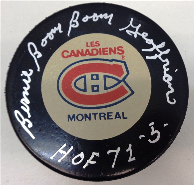 Bernie Boom Boom Geoffrion Autographed Canadiens Puck w/ HOF