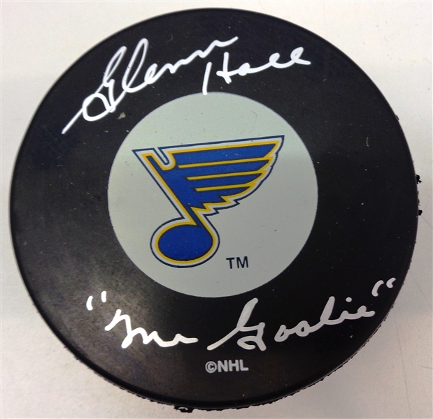 Glenn Hall Autographed Blues Puck w/ Mr. Goalie