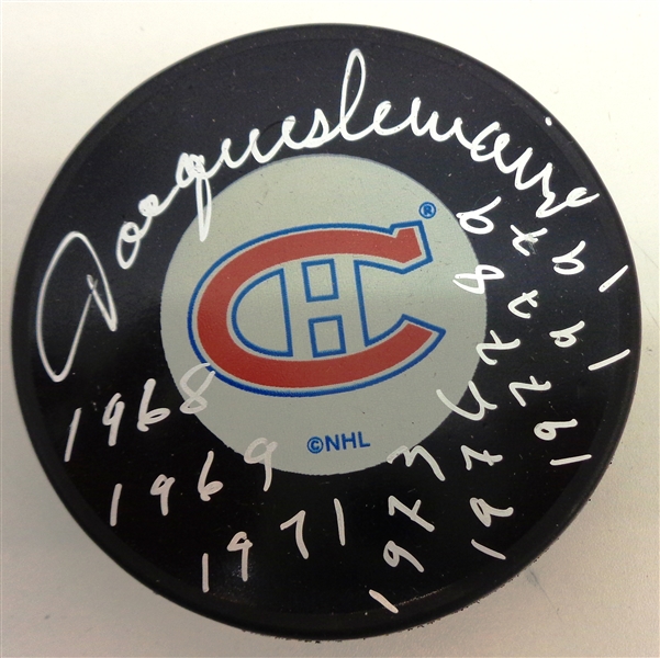 Jacques Lemaire Autographed Canadiens Puck w/ Cup Years