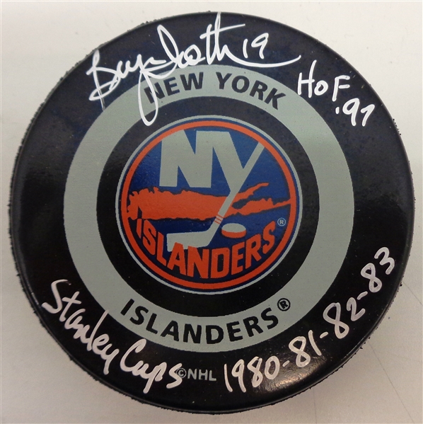 Bryan Trottier Autographed Islanders Game Puck w/ HOF & Cups