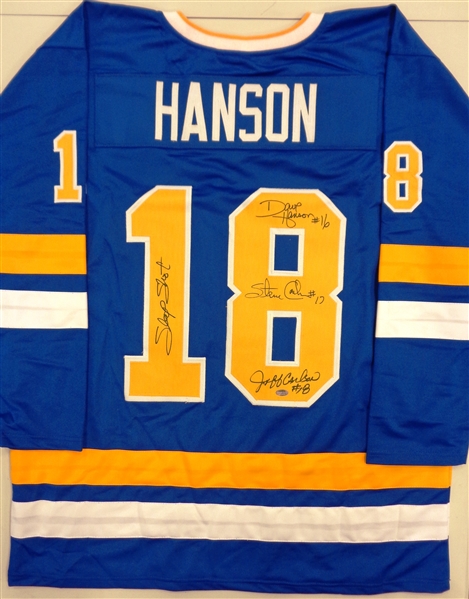 Hanson Brothers Signed Chiefs Blue Custom Slap Shot Hockey Jersey w/Slap Shot