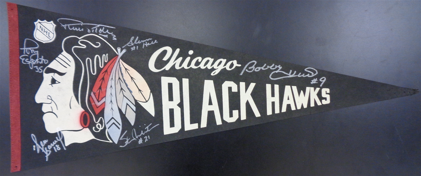 Chicago Blackhawks Pennant Autographed by 6 HOFers