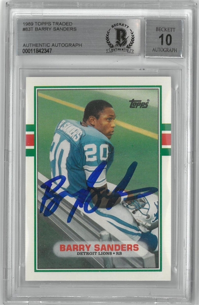 Barry Sanders Autographed 10 Grade 1989 Topps Rookie Card